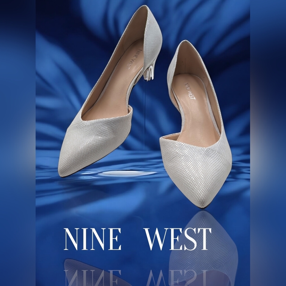 Nine West Textured Pointed-Toe Pumps | Silver/Ivory | Size 7.5 M | Gently Used